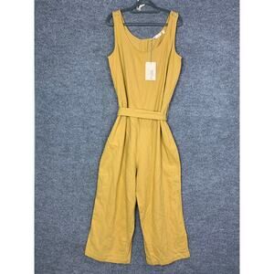 NEW PURE by Ulla Popken yellow waist tie jumpsuit Size 12/14 linen blend